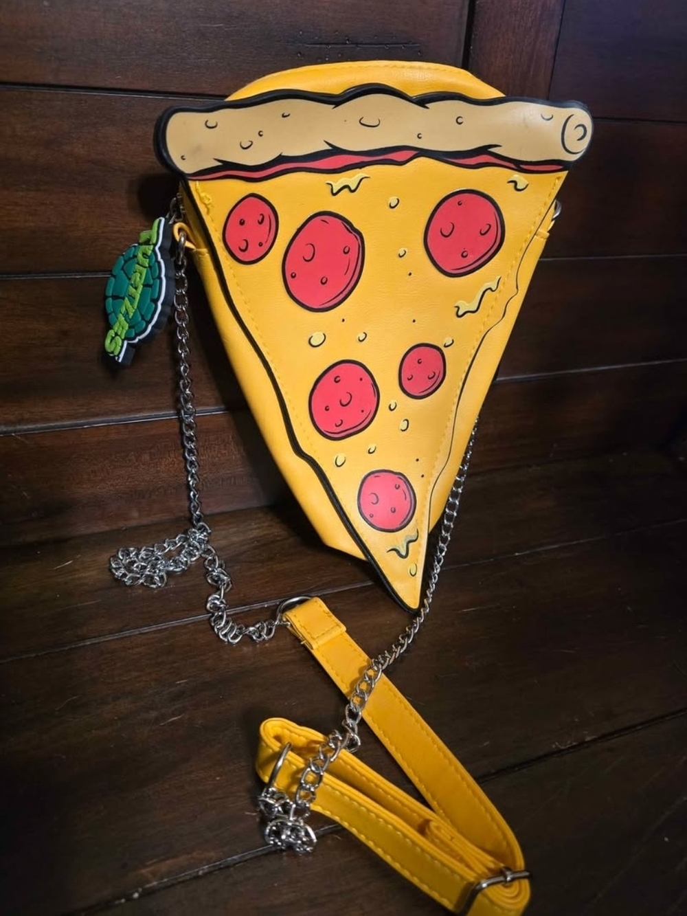 Playful Yellow Pizza Slice Crossbody Bag with Leaf Charm